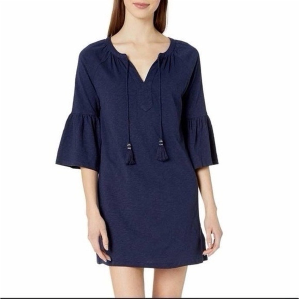 Lilly Pulitzer Del Lago Dress Women's Navy Blue‎ Cotton Blend Bell Sleeve Size M